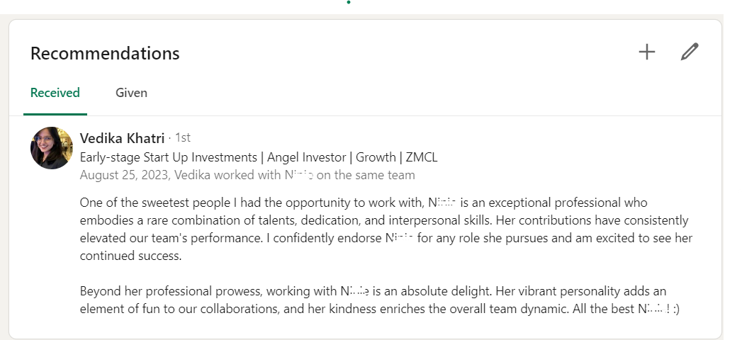 A profile  with full of positive and real recommendations about the person with their work 