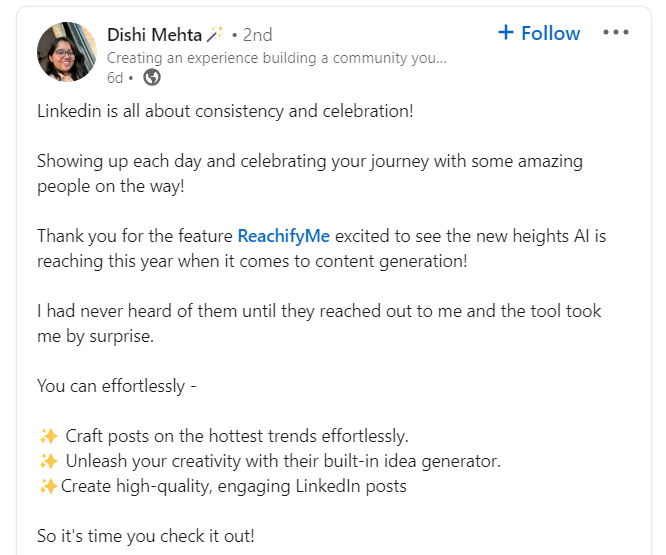 A linkedin post generated with  hooks , exciting words that authenticate the person