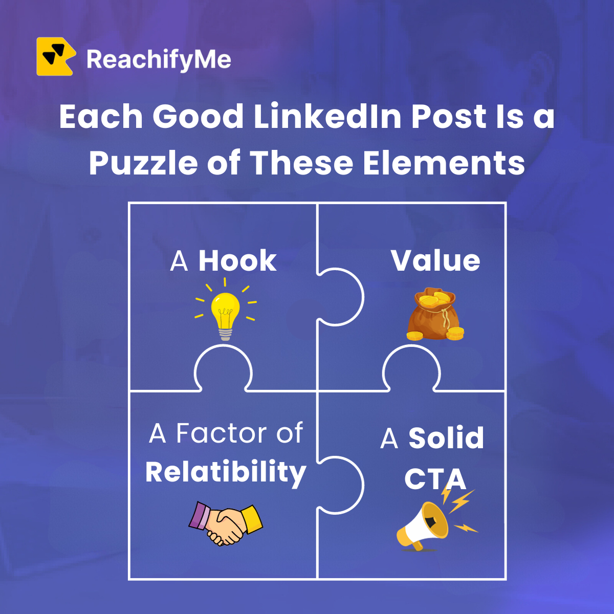 puzzle made up of  hook , CTA , value and factor of reliability elements