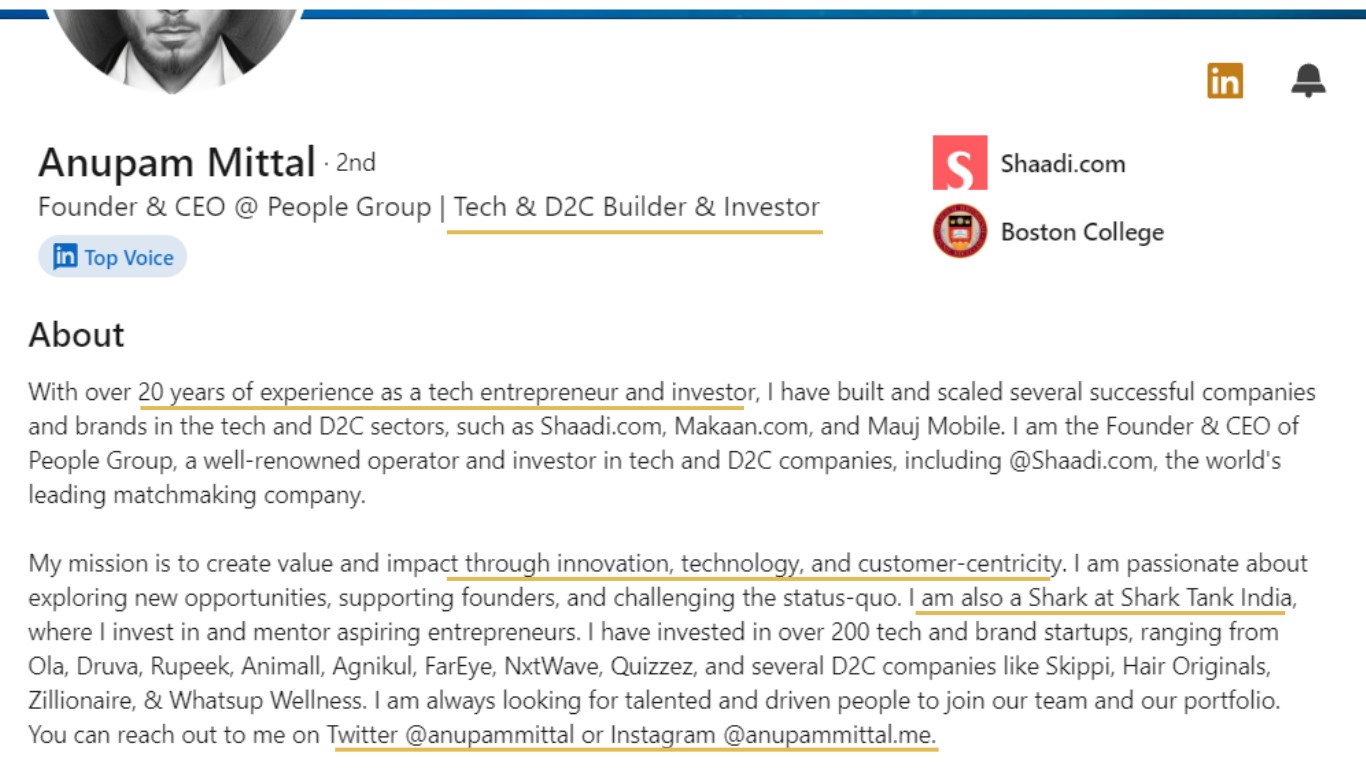 Anupam Mittals linkedIn About section