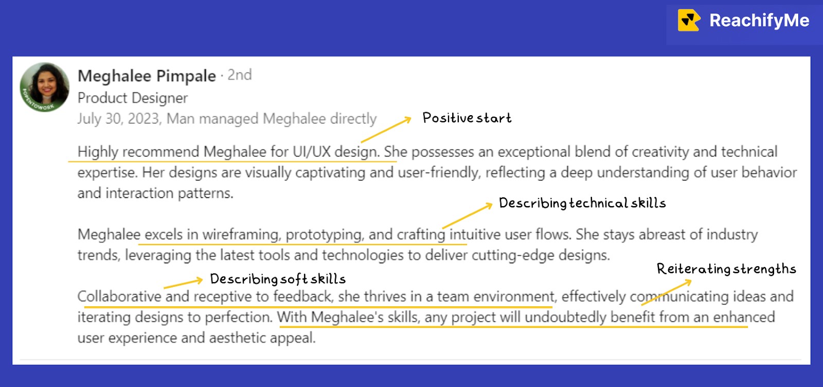 A format of writing a formal LinkedIn recommendation for a colleague, employee, senior or connection